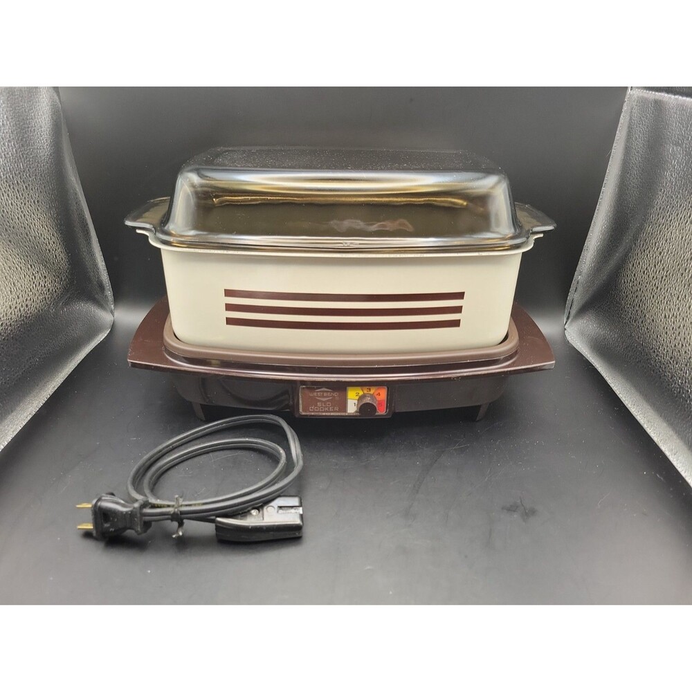Vtg West Bend Slo Slow Cooker Griddle 4 QT Glass Lid Cord Brown Stripes